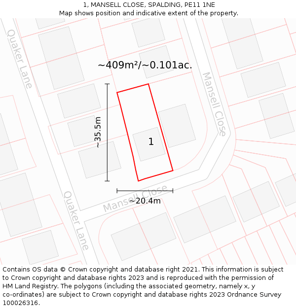 1, MANSELL CLOSE, SPALDING, PE11 1NE: Plot and title map