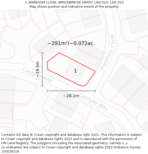 1, MAREHAM CLOSE, BRACEBRIDGE HEATH, LINCOLN, LN4 2SZ: Plot and title map