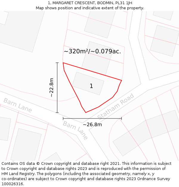 1, MARGARET CRESCENT, BODMIN, PL31 1JH: Plot and title map