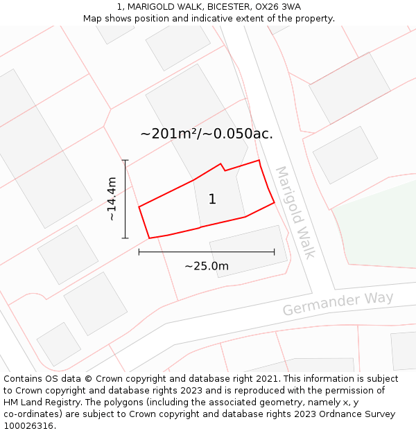 1, MARIGOLD WALK, BICESTER, OX26 3WA: Plot and title map