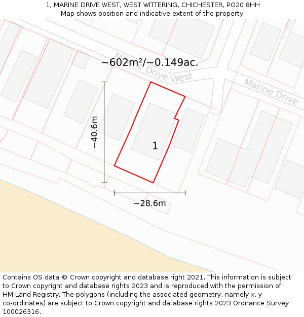 1, MARINE DRIVE WEST, WEST WITTERING, CHICHESTER, PO20 8HH: Plot and title map