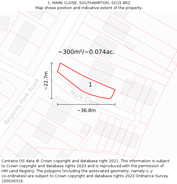 1, MARK CLOSE, SOUTHAMPTON, SO15 8RZ: Plot and title map