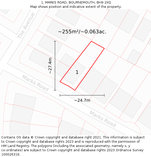1, MARKS ROAD, BOURNEMOUTH, BH9 2XQ: Plot and title map