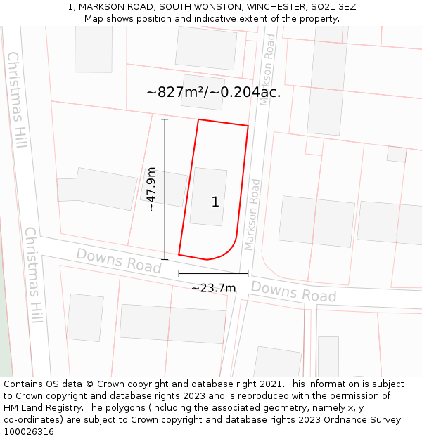 1, MARKSON ROAD, SOUTH WONSTON, WINCHESTER, SO21 3EZ: Plot and title map