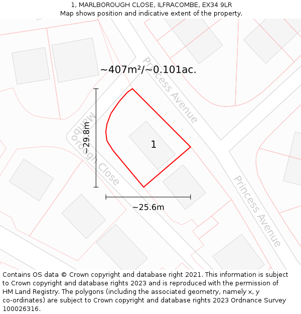 1, MARLBOROUGH CLOSE, ILFRACOMBE, EX34 9LR: Plot and title map