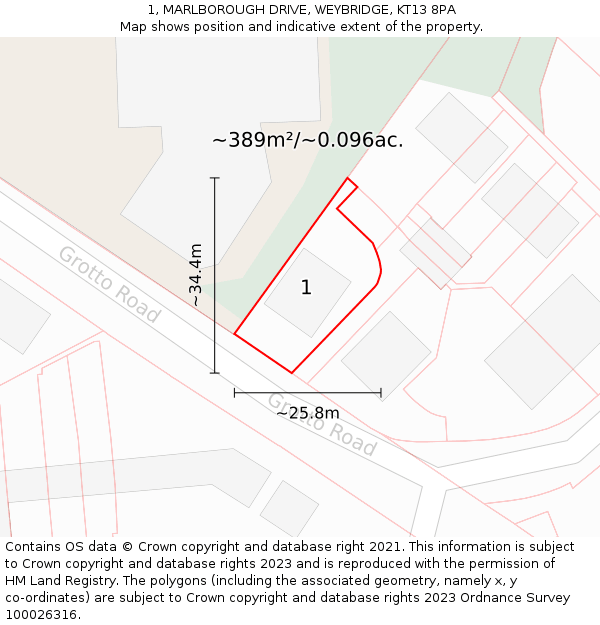 1, MARLBOROUGH DRIVE, WEYBRIDGE, KT13 8PA: Plot and title map