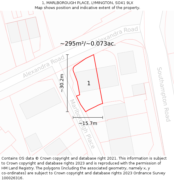 1, MARLBOROUGH PLACE, LYMINGTON, SO41 9LX: Plot and title map