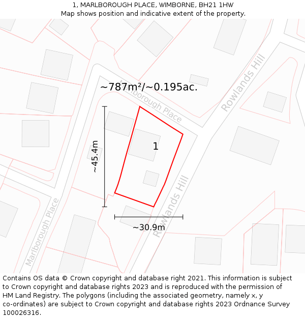 1, MARLBOROUGH PLACE, WIMBORNE, BH21 1HW: Plot and title map