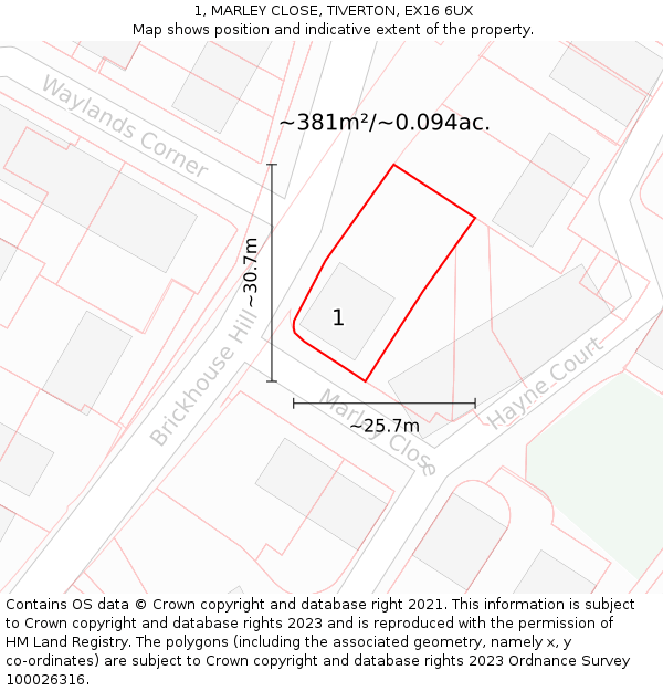 1, MARLEY CLOSE, TIVERTON, EX16 6UX: Plot and title map