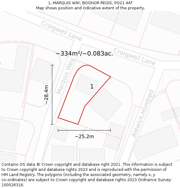 1, MARQUIS WAY, BOGNOR REGIS, PO21 4AT: Plot and title map