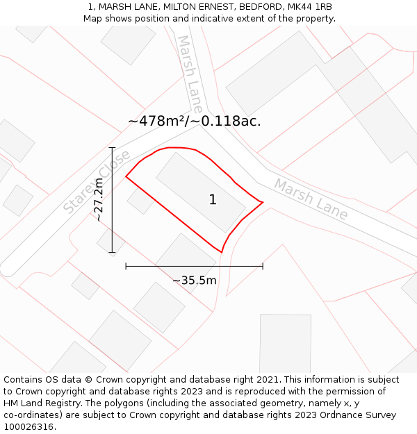 1, MARSH LANE, MILTON ERNEST, BEDFORD, MK44 1RB: Plot and title map