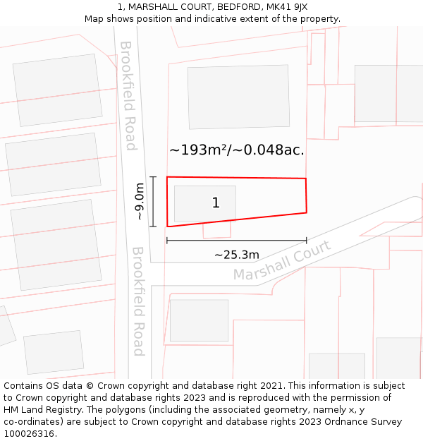 1, MARSHALL COURT, BEDFORD, MK41 9JX: Plot and title map