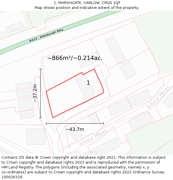 1, MARSHGATE, HARLOW, CM20 2QF: Plot and title map