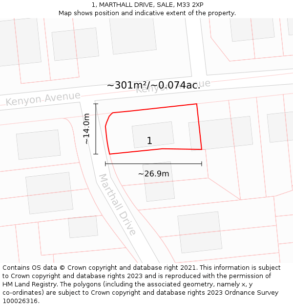 1, MARTHALL DRIVE, SALE, M33 2XP: Plot and title map