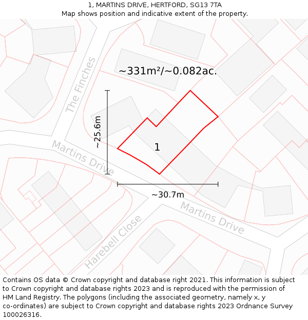 1, MARTINS DRIVE, HERTFORD, SG13 7TA: Plot and title map