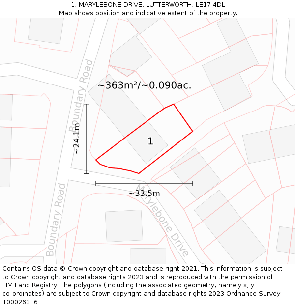 1, MARYLEBONE DRIVE, LUTTERWORTH, LE17 4DL: Plot and title map
