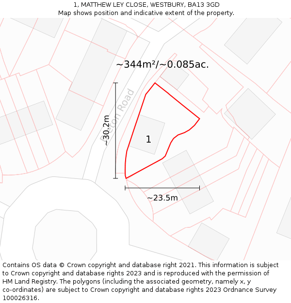 1, MATTHEW LEY CLOSE, WESTBURY, BA13 3GD: Plot and title map