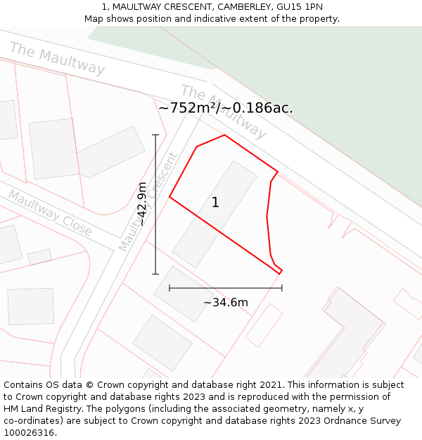 1, MAULTWAY CRESCENT, CAMBERLEY, GU15 1PN: Plot and title map