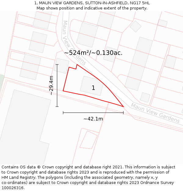 1, MAUN VIEW GARDENS, SUTTON-IN-ASHFIELD, NG17 5HL: Plot and title map