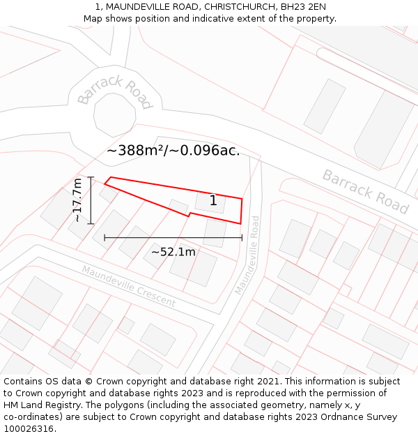 1, MAUNDEVILLE ROAD, CHRISTCHURCH, BH23 2EN: Plot and title map