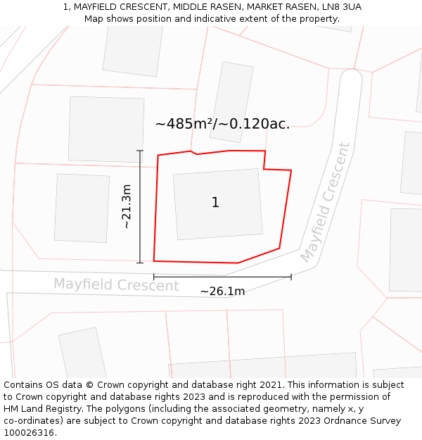 1, MAYFIELD CRESCENT, MIDDLE RASEN, MARKET RASEN, LN8 3UA: Plot and title map