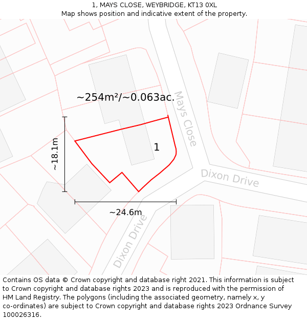 1, MAYS CLOSE, WEYBRIDGE, KT13 0XL: Plot and title map