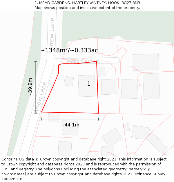 1, MEAD GARDENS, HARTLEY WINTNEY, HOOK, RG27 8NR: Plot and title map