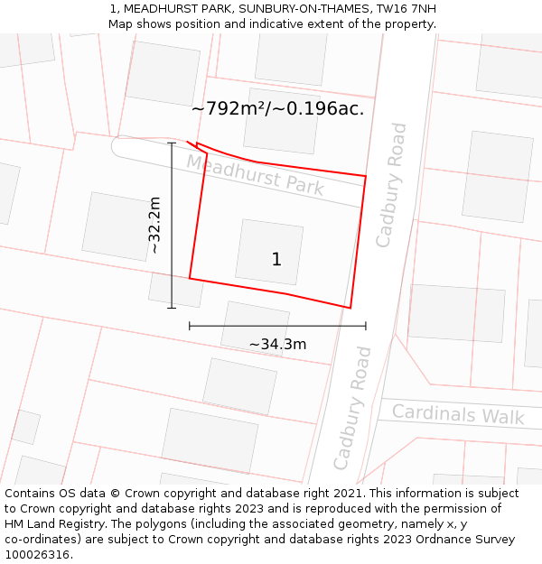 1, MEADHURST PARK, SUNBURY-ON-THAMES, TW16 7NH: Plot and title map