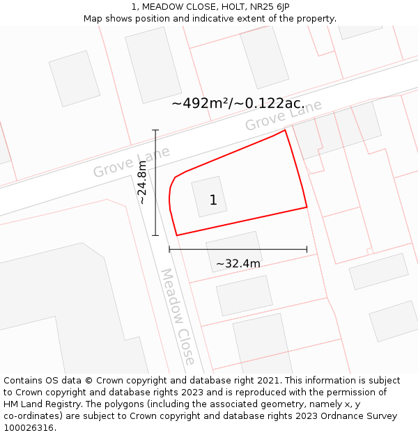 1, MEADOW CLOSE, HOLT, NR25 6JP: Plot and title map