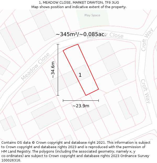 1, MEADOW CLOSE, MARKET DRAYTON, TF9 3UG: Plot and title map