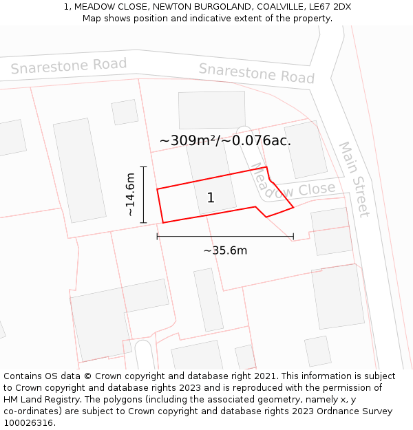 1, MEADOW CLOSE, NEWTON BURGOLAND, COALVILLE, LE67 2DX: Plot and title map