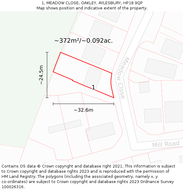 1, MEADOW CLOSE, OAKLEY, AYLESBURY, HP18 9QP: Plot and title map