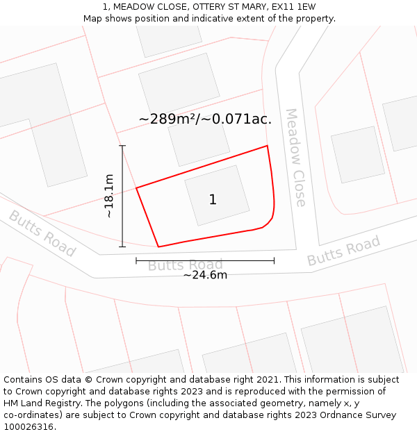 1, MEADOW CLOSE, OTTERY ST MARY, EX11 1EW: Plot and title map
