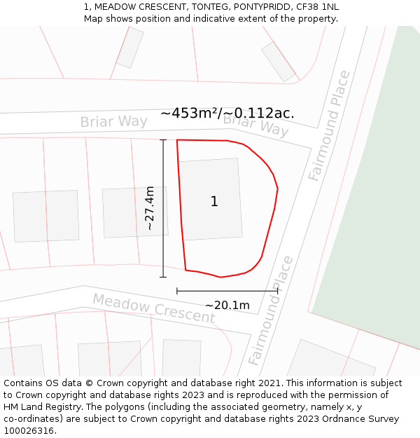 1, MEADOW CRESCENT, TONTEG, PONTYPRIDD, CF38 1NL: Plot and title map