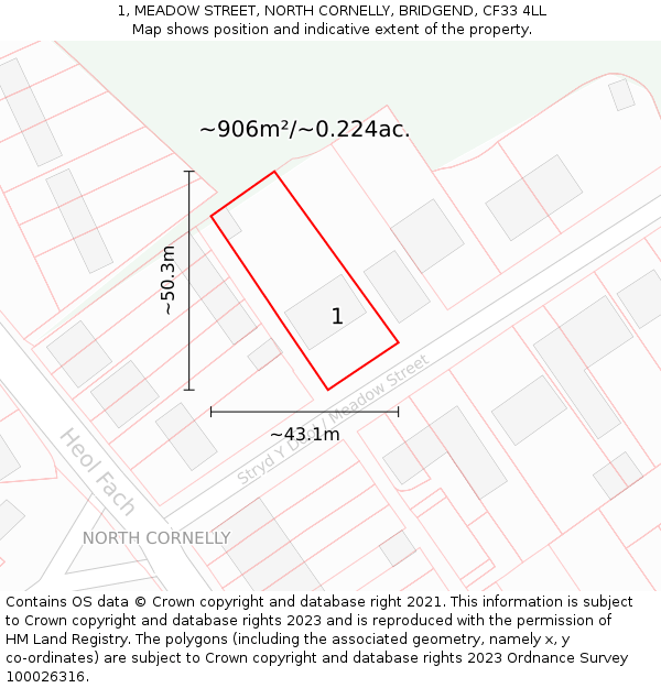 1, MEADOW STREET, NORTH CORNELLY, BRIDGEND, CF33 4LL: Plot and title map