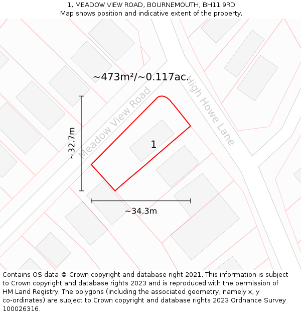1, MEADOW VIEW ROAD, BOURNEMOUTH, BH11 9RD: Plot and title map