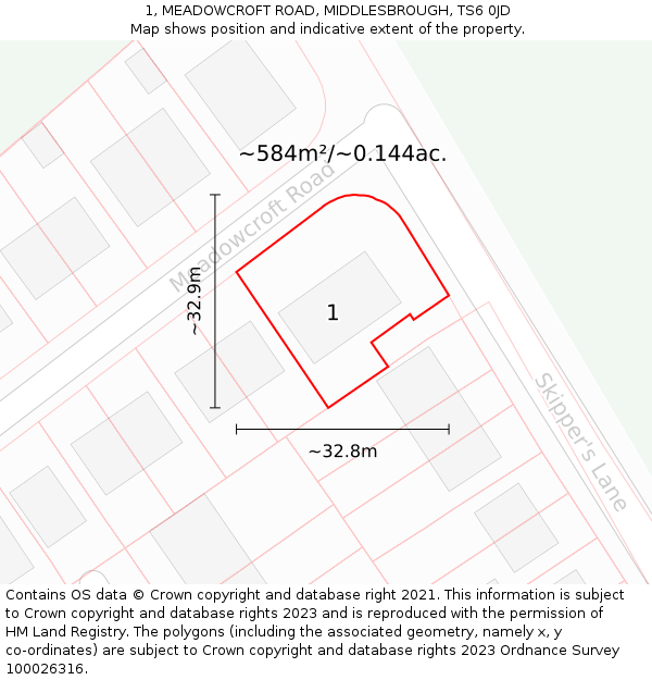 1, MEADOWCROFT ROAD, MIDDLESBROUGH, TS6 0JD: Plot and title map