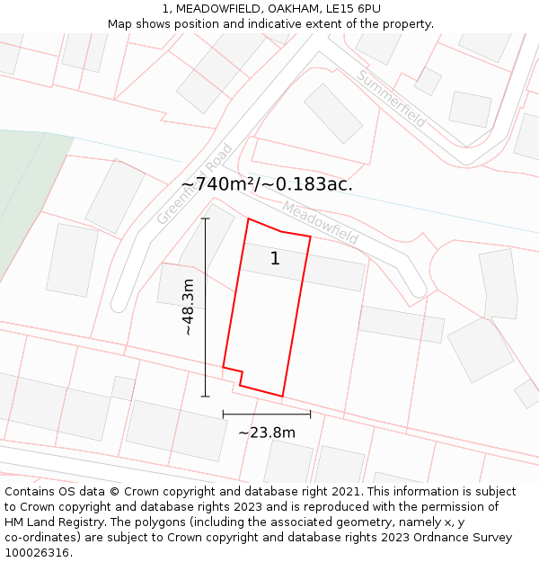 1, MEADOWFIELD, OAKHAM, LE15 6PU: Plot and title map