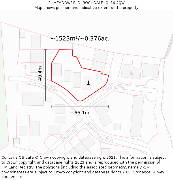 1, MEADOWFIELD, ROCHDALE, OL16 4QW: Plot and title map