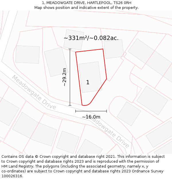 1, MEADOWGATE DRIVE, HARTLEPOOL, TS26 0RH: Plot and title map