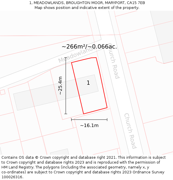 1, MEADOWLANDS, BROUGHTON MOOR, MARYPORT, CA15 7EB: Plot and title map