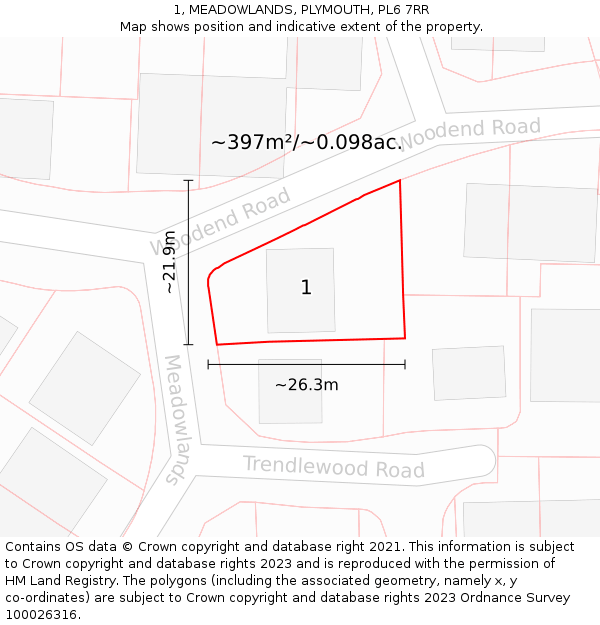 1, MEADOWLANDS, PLYMOUTH, PL6 7RR: Plot and title map