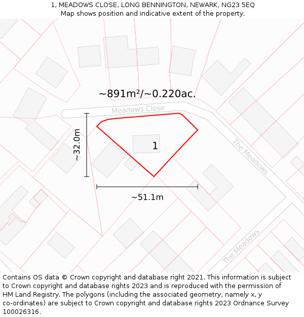 1, MEADOWS CLOSE, LONG BENNINGTON, NEWARK, NG23 5EQ: Plot and title map