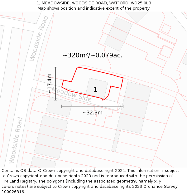 1, MEADOWSIDE, WOODSIDE ROAD, WATFORD, WD25 0LB: Plot and title map