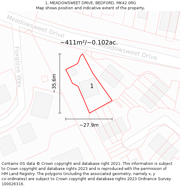 1, MEADOWSWEET DRIVE, BEDFORD, MK42 0RG: Plot and title map