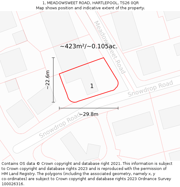 1, MEADOWSWEET ROAD, HARTLEPOOL, TS26 0QR: Plot and title map