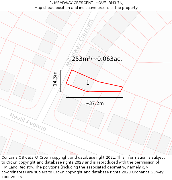 1, MEADWAY CRESCENT, HOVE, BN3 7NJ: Plot and title map