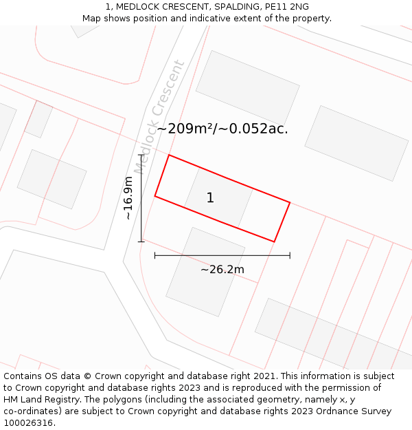 1, MEDLOCK CRESCENT, SPALDING, PE11 2NG: Plot and title map