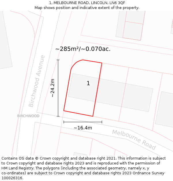 1, MELBOURNE ROAD, LINCOLN, LN6 3QF: Plot and title map