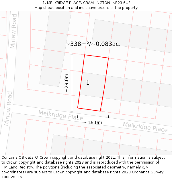 1, MELKRIDGE PLACE, CRAMLINGTON, NE23 6UF: Plot and title map